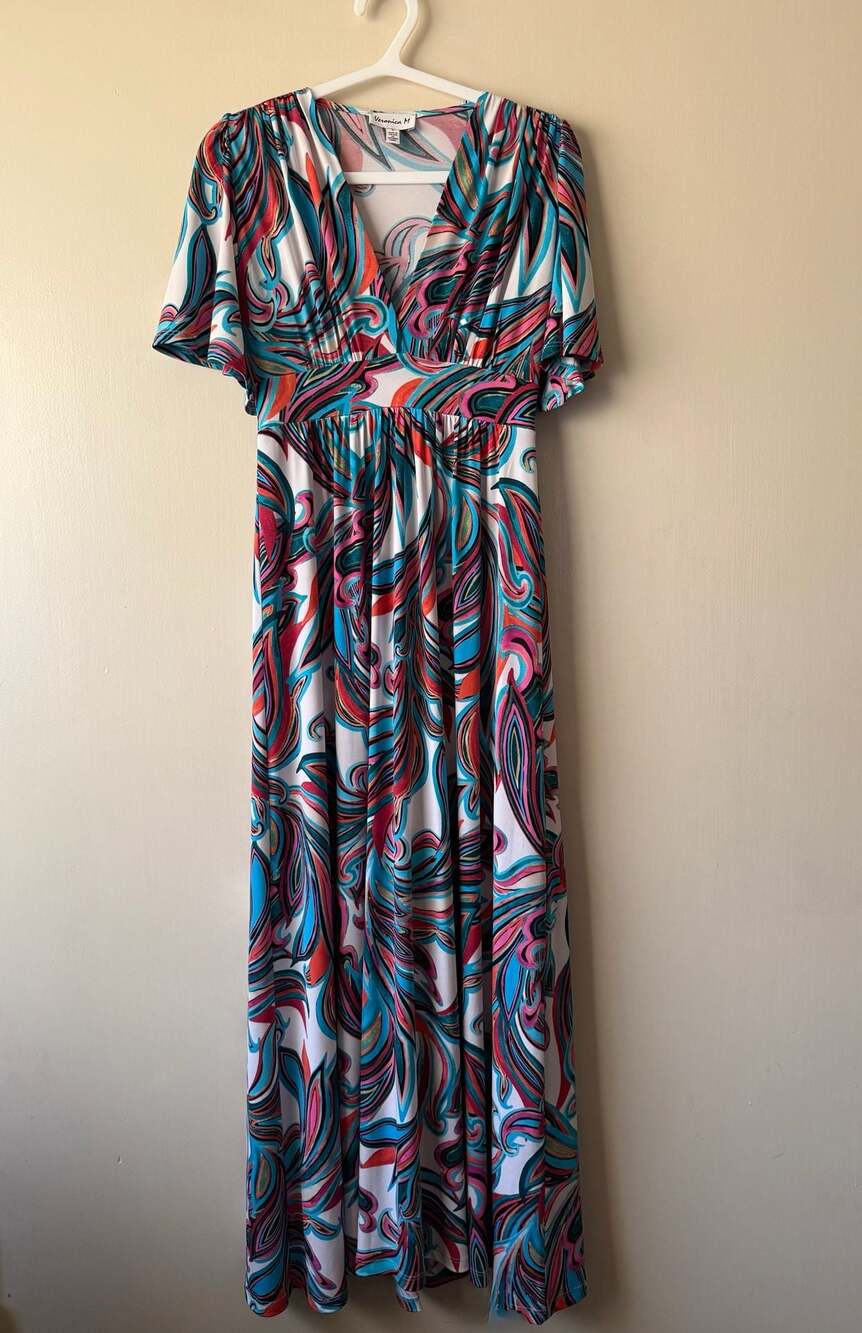 Veronica M Abstract Swirl Print Empire Waist Maxi Dress Size Small Made in USA